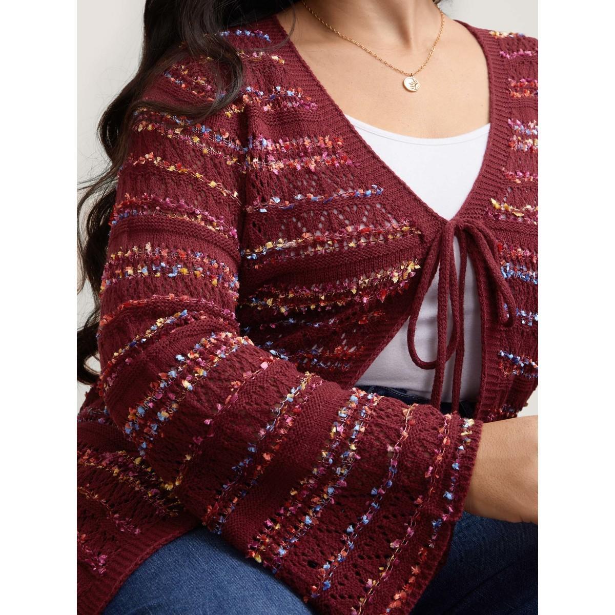 Plus Size Striped Front-Tie Cut-Out Cardigan Deepred Women Casual Loose Long Sleeve Everyday Cardigans BloomChic 28/5X Product Image