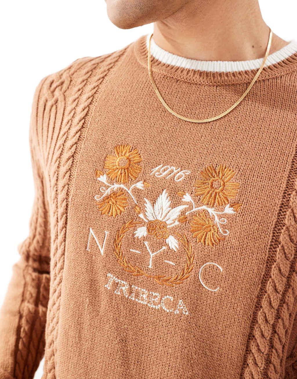 ASOS DESIGN knit cable sweater in brown with contrast trims and embroidery Product Image