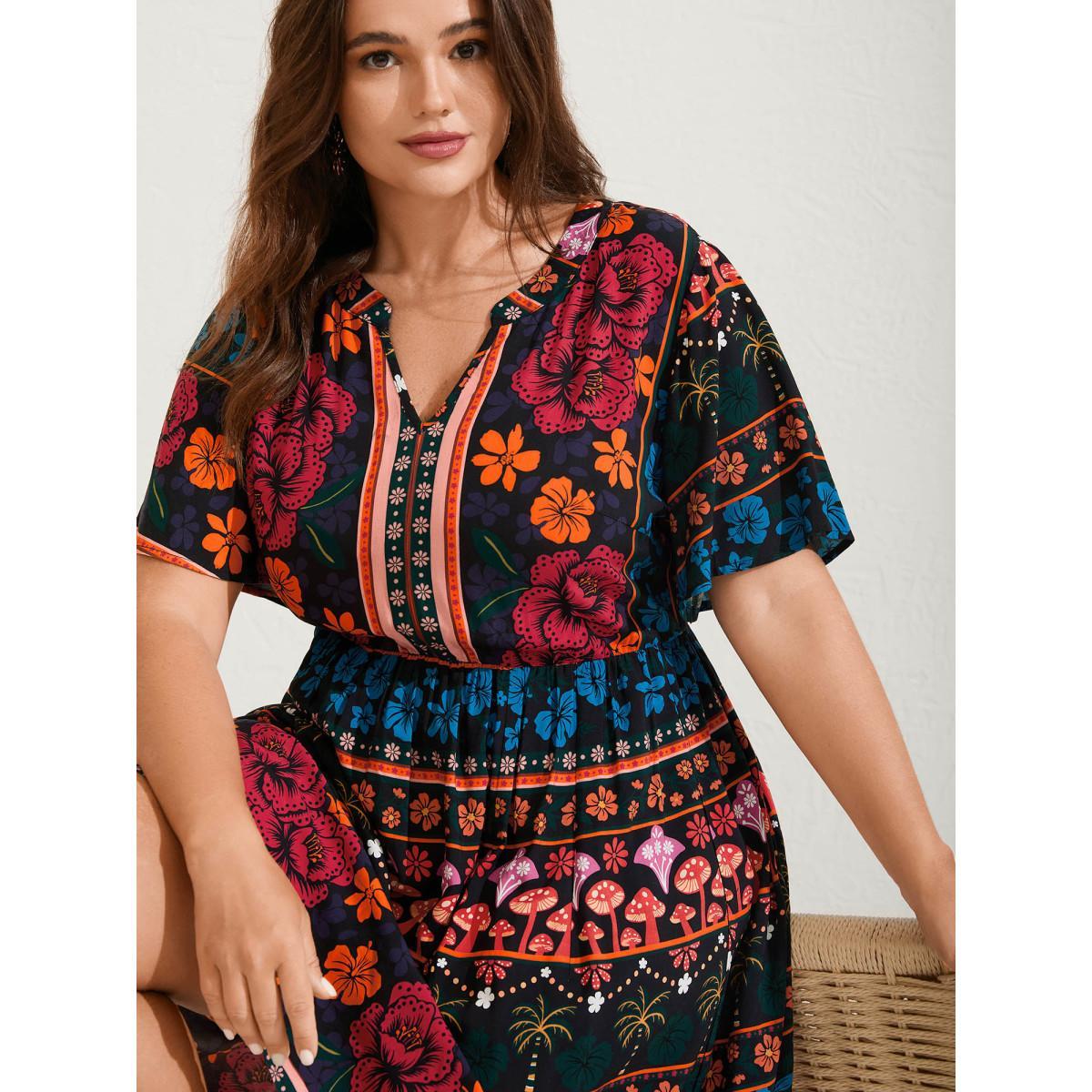 Plus Size Boho Floral Print Notched Collar Midi Dress Black Women Notched collar Short sleeve Curvy BloomChic 10/M Product Image