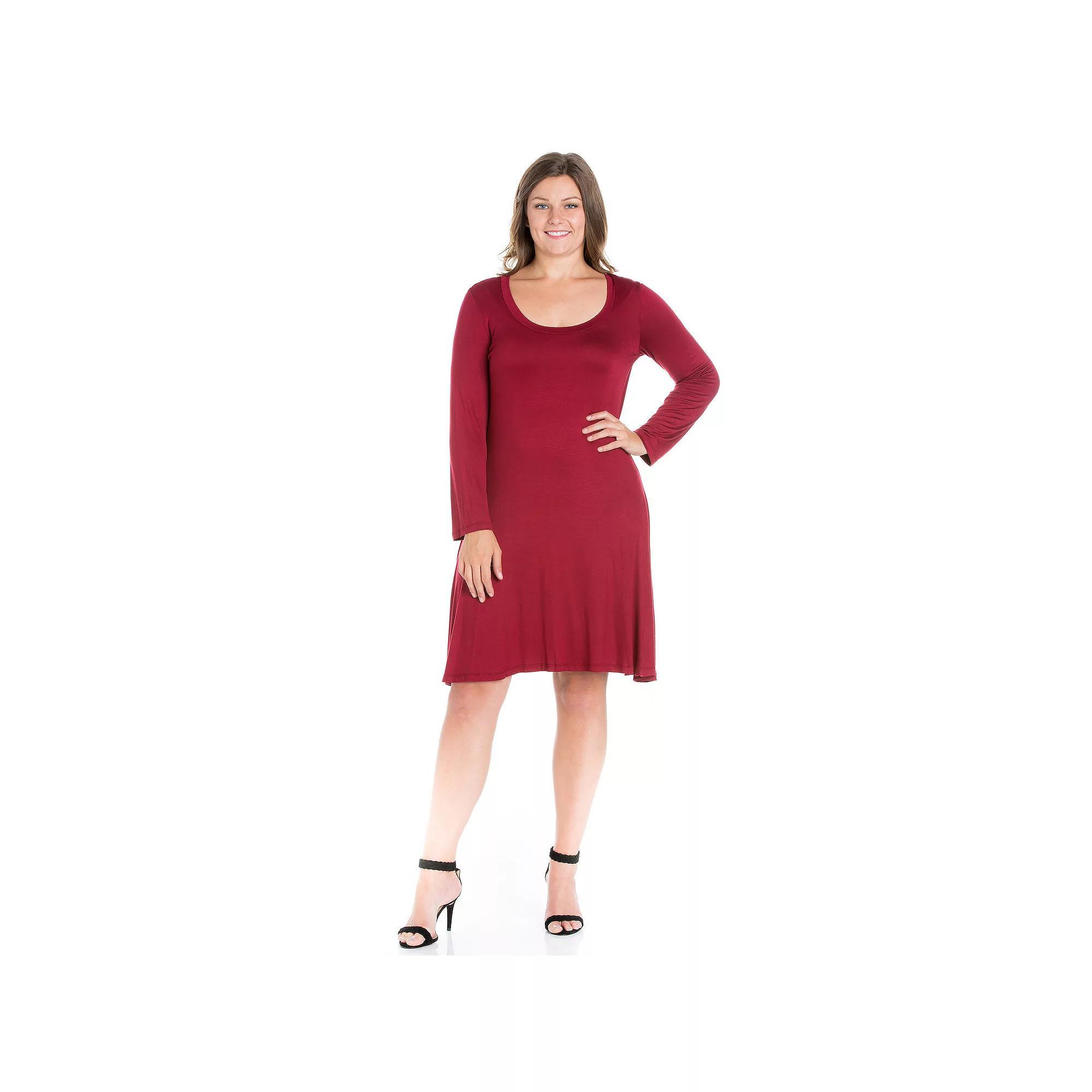 Plus Size 24seven Comfort Apparel Long Sleeve Flared Mini Dress, Women's, Size: 1XL, Dark Red Product Image