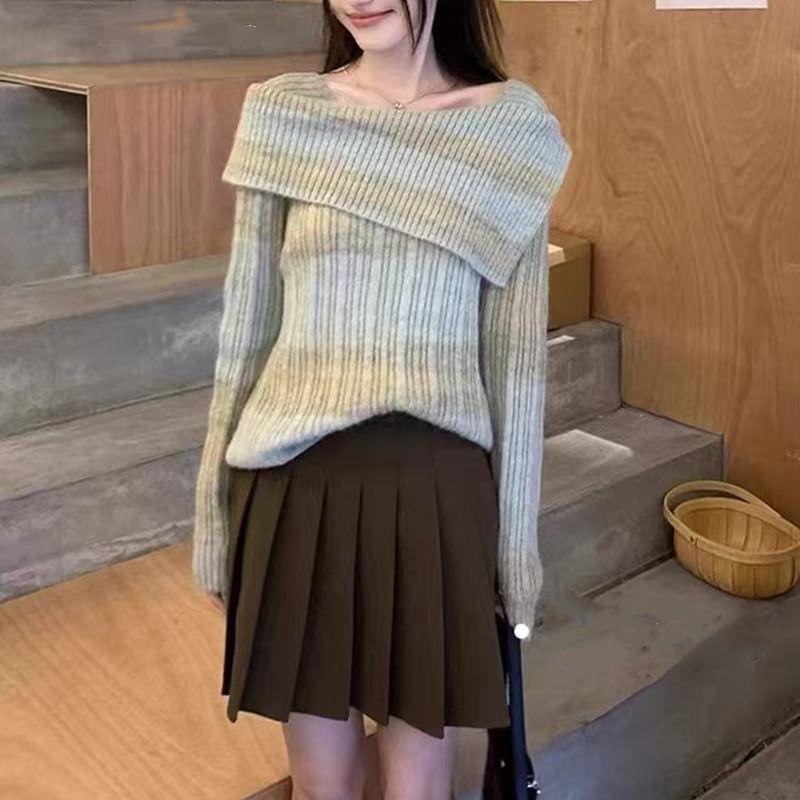 Long-Sleeve Boat Neck Striped Ribbed Knit Top Product Image