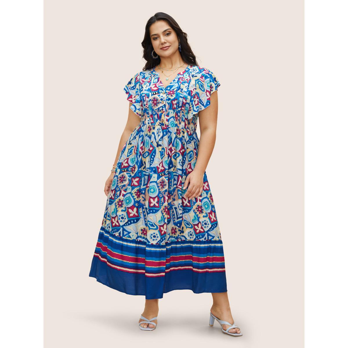 Plus Size Boho Print Pleated Ruffle Sleeve Dress Blue Women Resort Ruffles Notched collar Cap Sleeve Curvy BloomChic 10/M Product Image