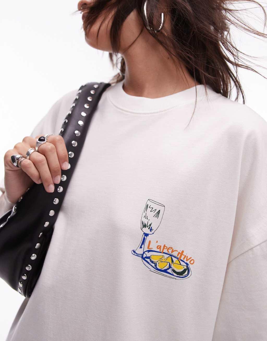 Topshop graphic L'aperitivo oversized tee in white Product Image