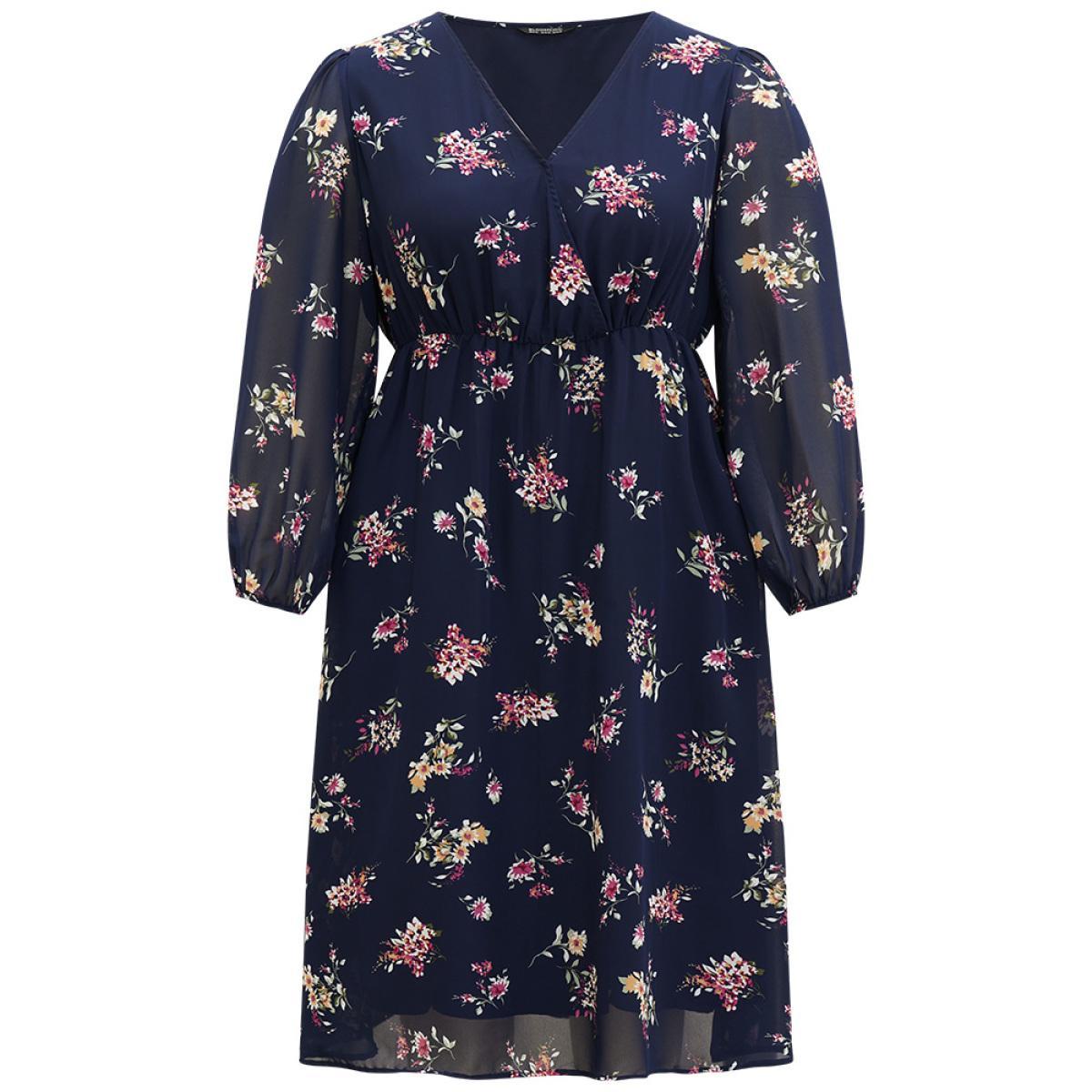 Plus Size Floral Print Surplice Neck Lantern Sleeve Mesh Dress DarkBlue Women Elegant Elastic cuffs V-neck Long Sleeve Curvy Midi Dress BloomChic 12/L Product Image