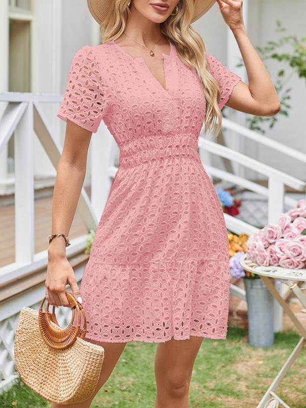 A-Line Loose Elasticity Hollow Pleated Solid Color Split-Joint V-Neck Mini Dresses Product Image