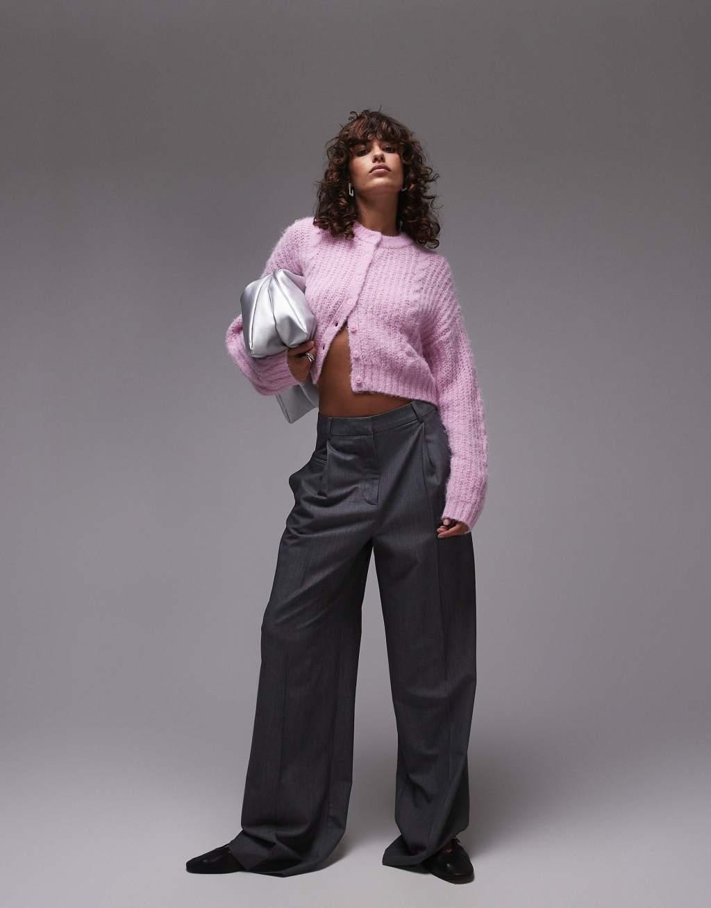 Topshop knit cropped fluffy cable cardigan in pink Product Image