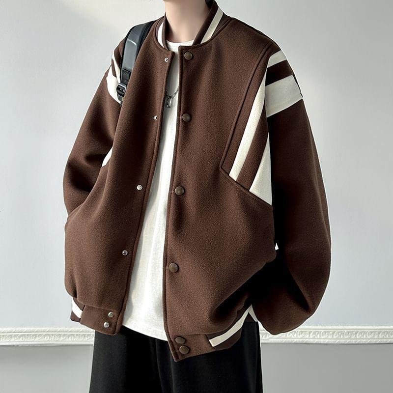 Two Tone Color Block Button-Up Baseball Jacket Product Image