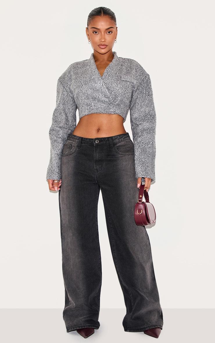 Shape Grey Wool Look Wrap Over Cocoon Sleeve Cropped Jacket Product Image