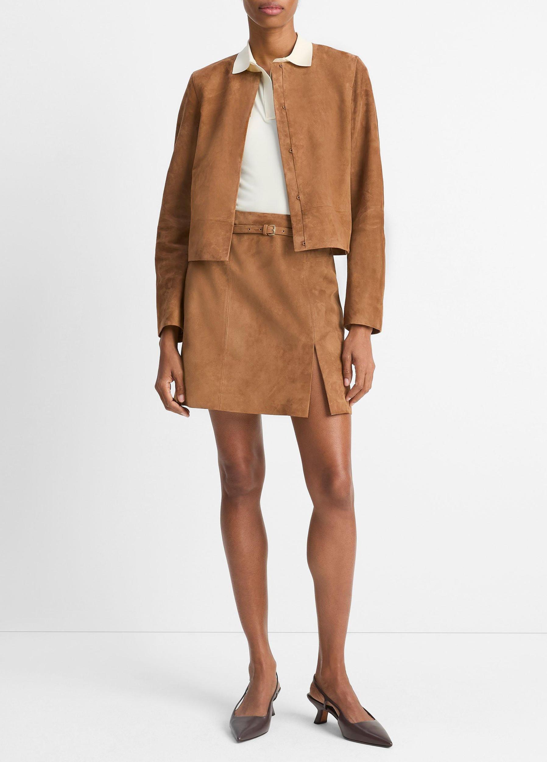 Collarless Cropped Suede Jacket Product Image