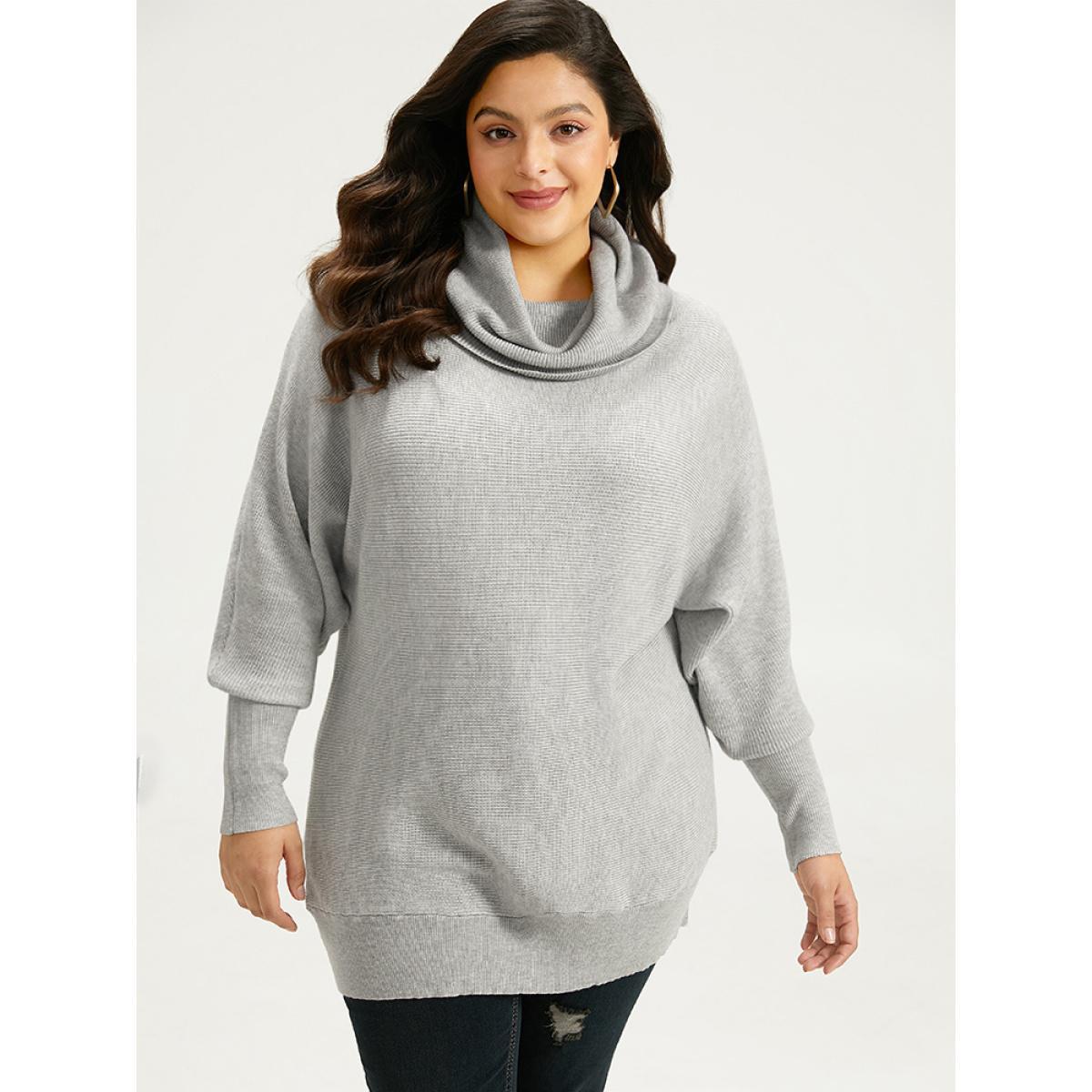 Plus Size Supersoft Essentials Lapel Collar Batwing Sleeve Pullover LightGray Women Casual Loose Long Sleeve Lapel Collar Dailywear Pullovers BloomChic 14-16/1X Product Image