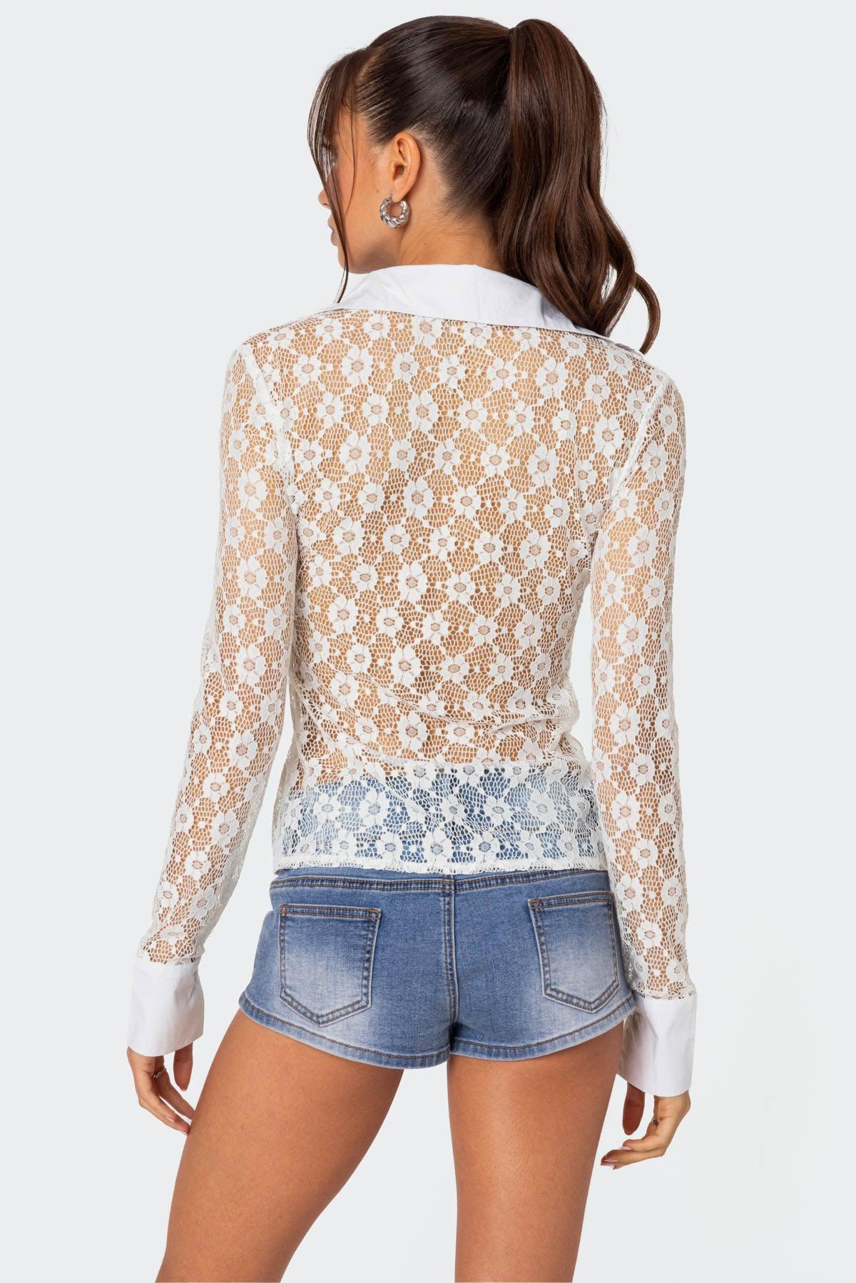 Cecilia Sheer Lace Button Up Shirt Product Image