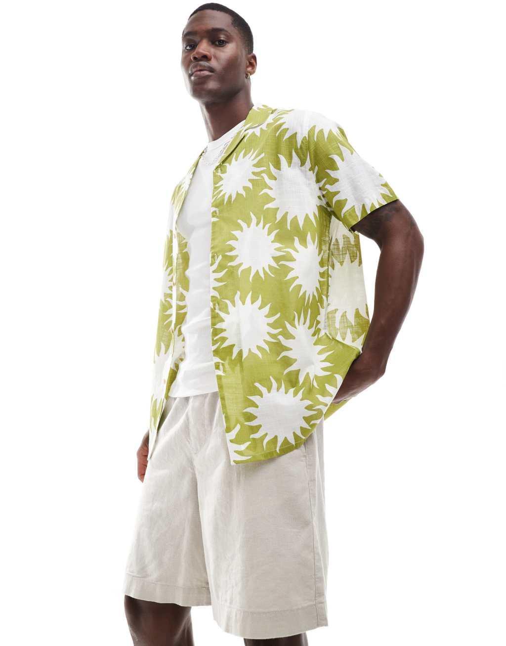 ASOS DESIGN relaxed revere linen look shirt with sun print in green  Product Image