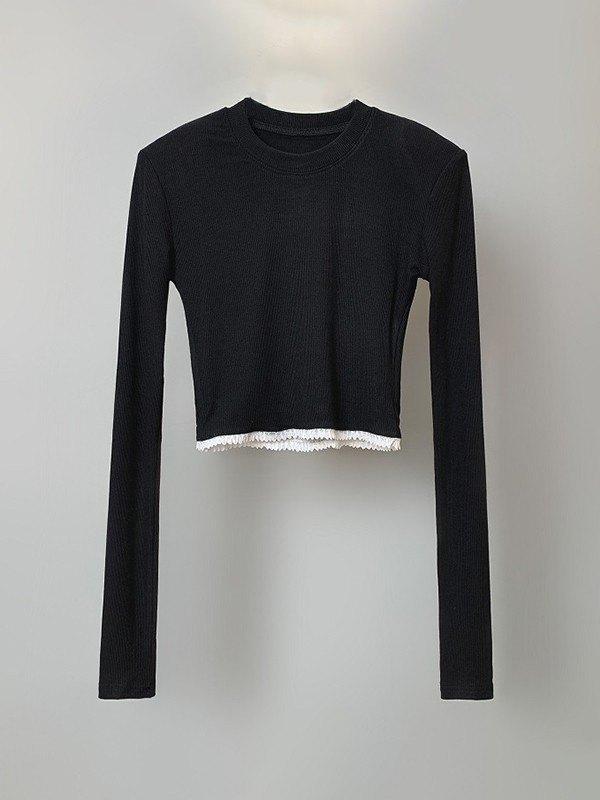 Lace Trim Padded Shoulder Ribbed Knit Crop Top Product Image