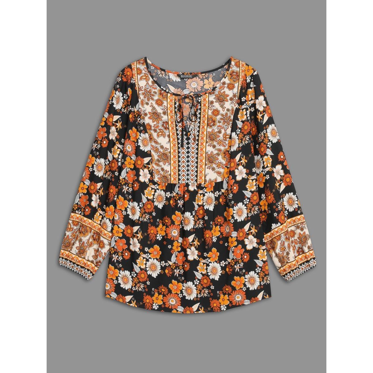 Plus Size Black Boho Print Tie Knot Lantern Sleeve Blouse Women Resort Long Sleeve Notched collar Vacation Blouses BloomChic 28/5X Product Image