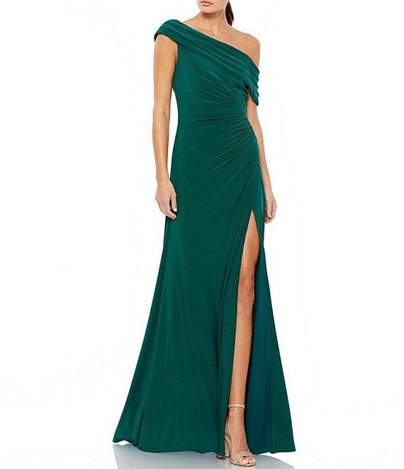Mac Duggal One Shoulder Cap Sleeve Ruched Thigh High Slit Faux Wrap Gown Product Image