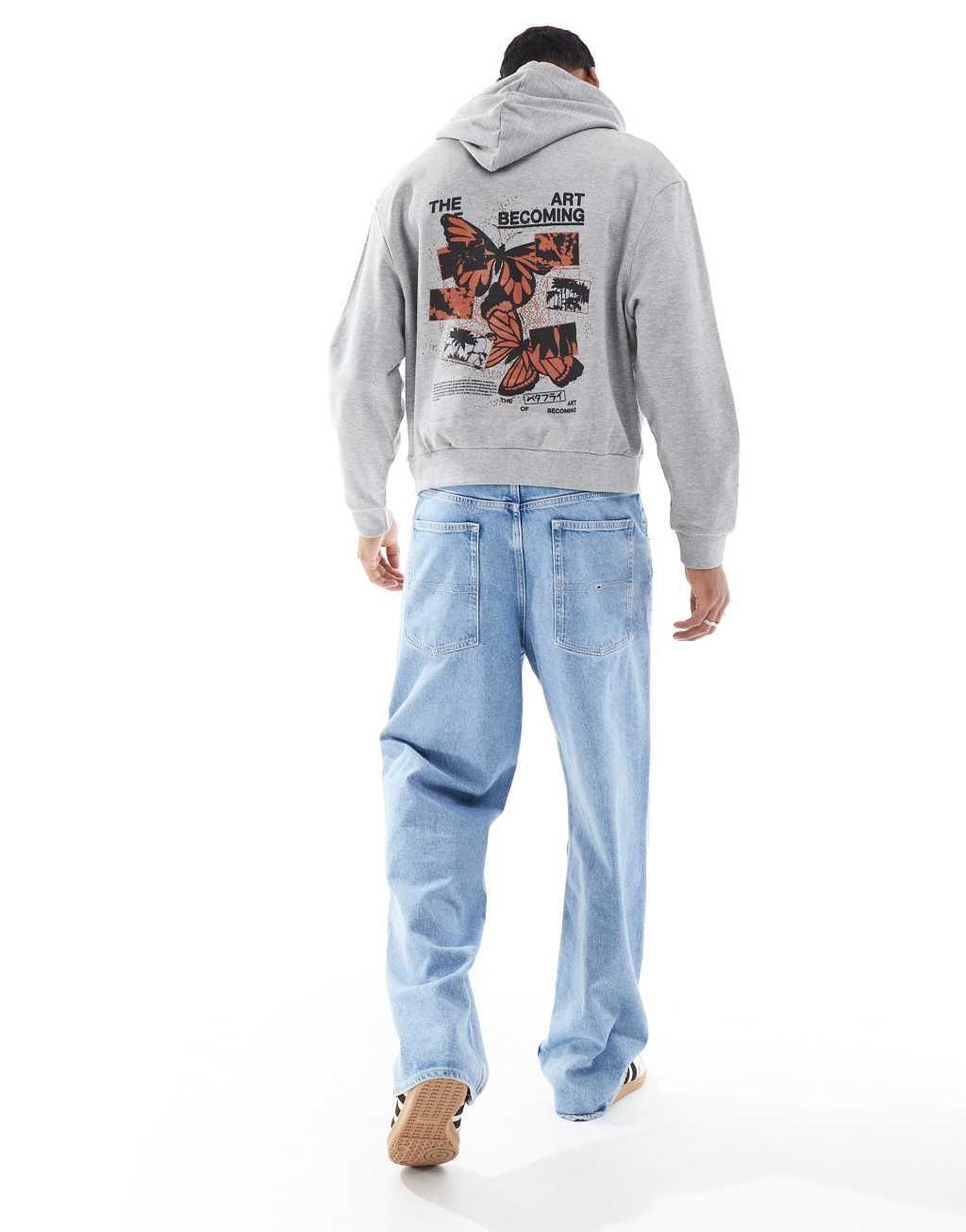 ASOS DESIGN boxy oversized hoodie with chest and back print in gray Product Image