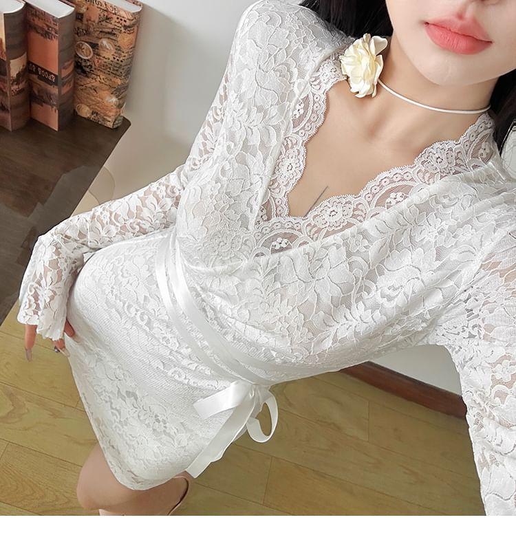 Long-Sleeve V-Neck Bow Lace Mini Sheath Dress Product Image