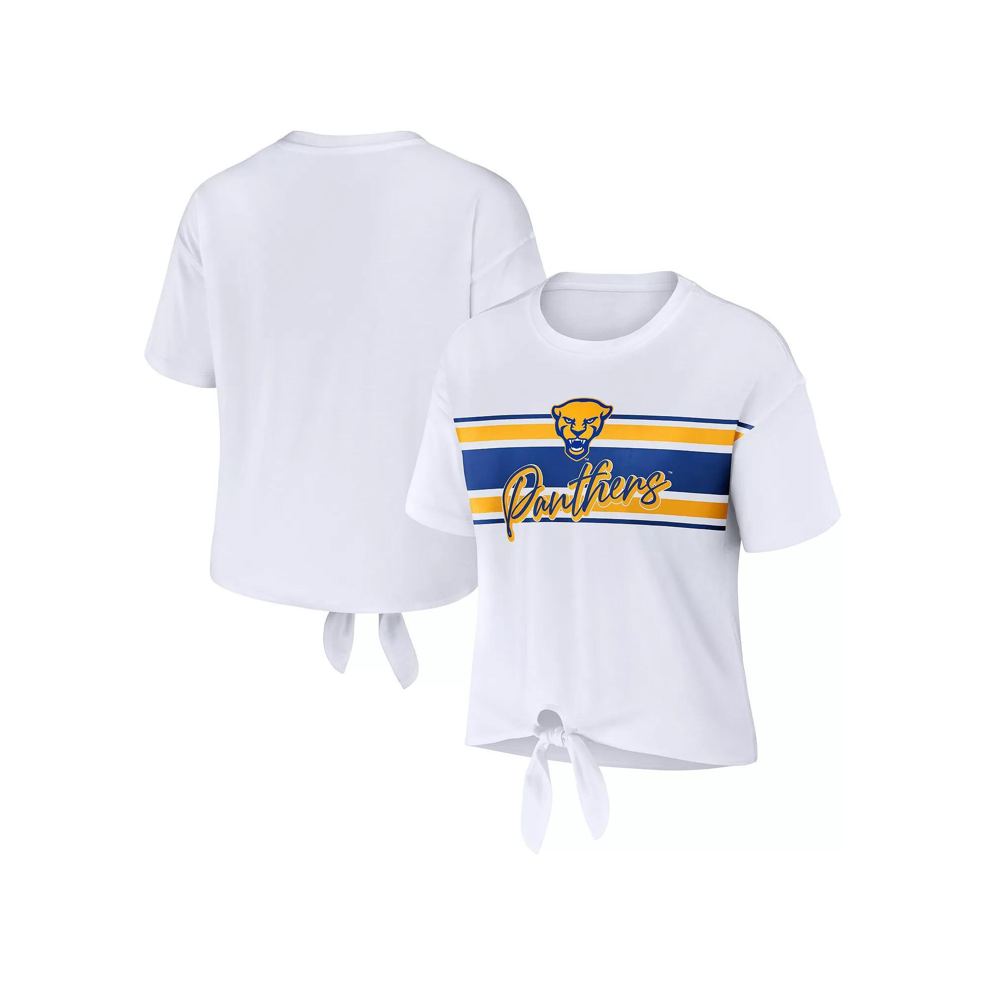 Women's WEAR by Erin Andrews White Pitt Panthers Striped Front Knot Cropped T-Shirt,  Product Image