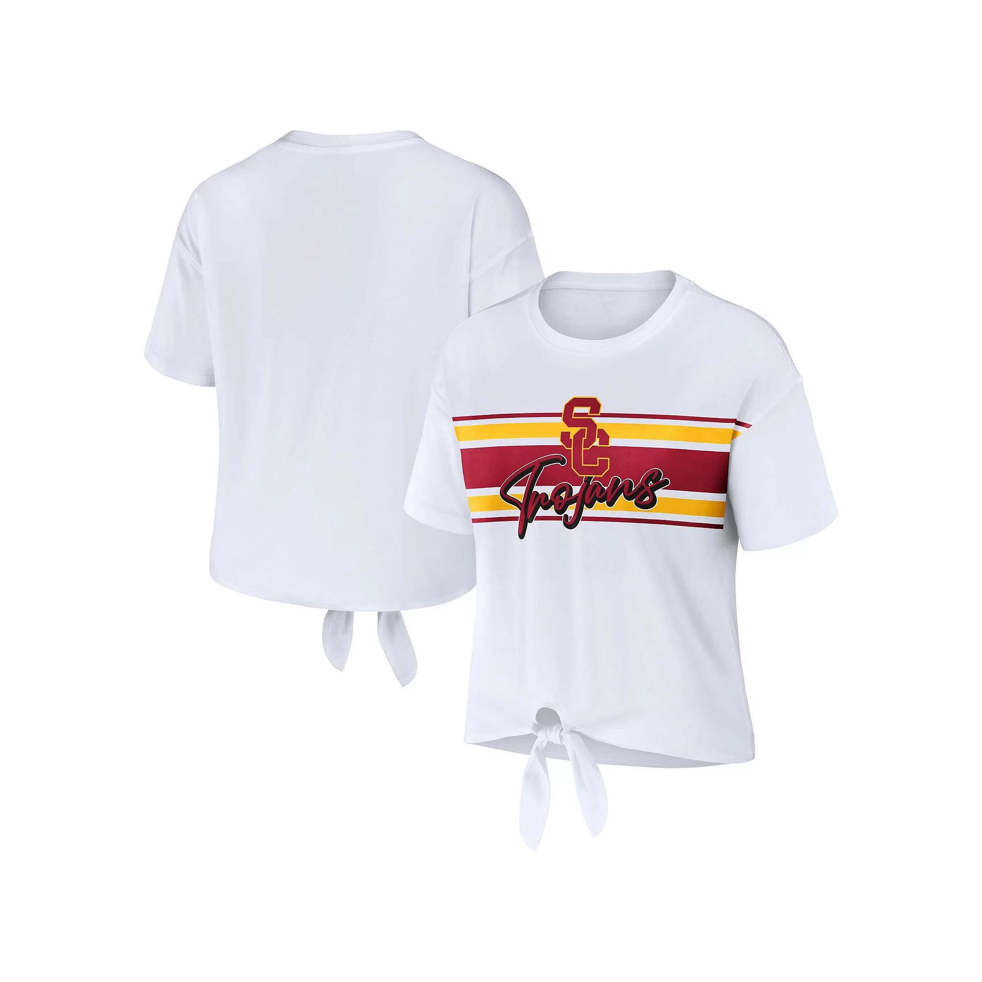 Women's WEAR by Erin Andrews White USC Trojans Striped Front Knot Cropped T-Shirt,  Product Image