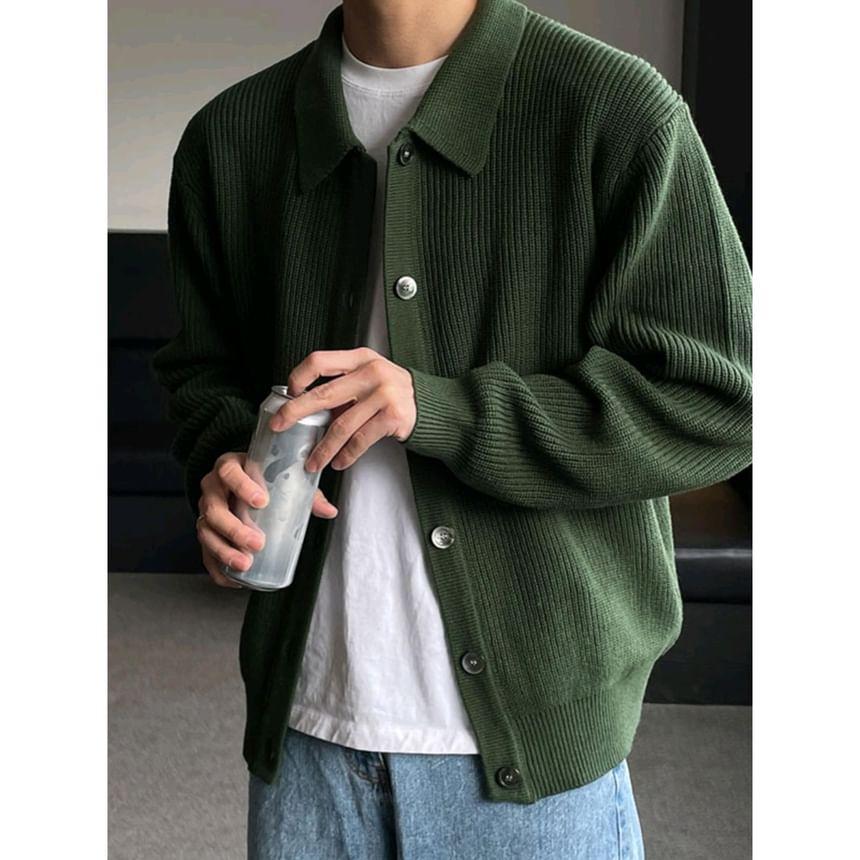 Collar Plain Ribbed Cardigan Product Image