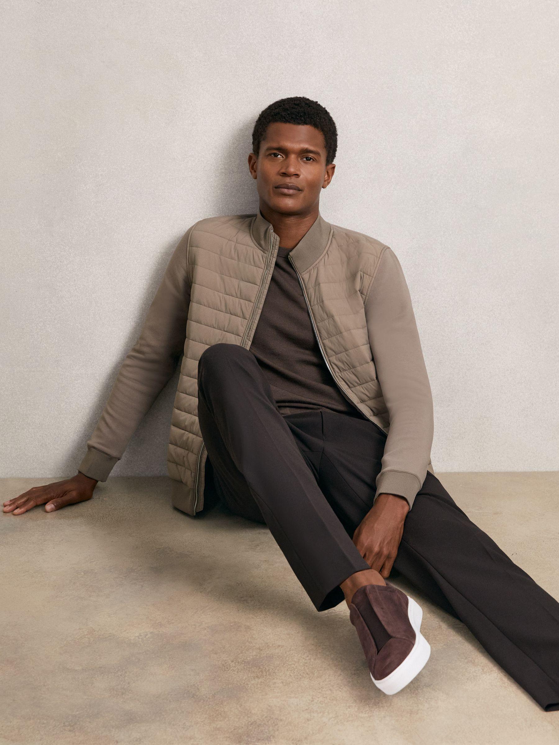 Hybrid Quilt and Knit Zip-Through Jacket in Taupe Brown Product Image