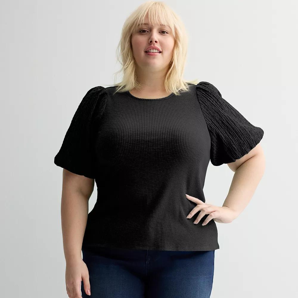 Plus Size Nine West Textured Puff Sleeve Ribbed Knit Top, Women's, Size: 2XL, Mineral Black Product Image
