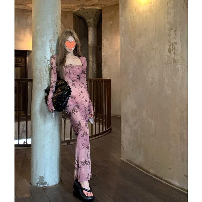 Long Sleeve Square Neck Floral Print Slit Maxi Sheath Dress Product Image