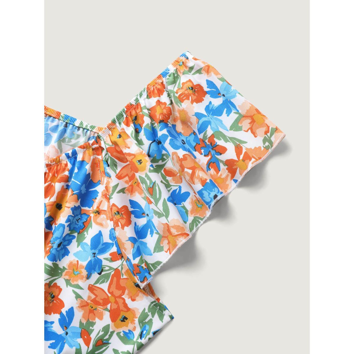 Plus Size Floral Print Stretchy Waist Flutter Midi Dress Multicolor Women V-neck Cap Sleeve Curvy BloomChic 18-20/2X Product Image