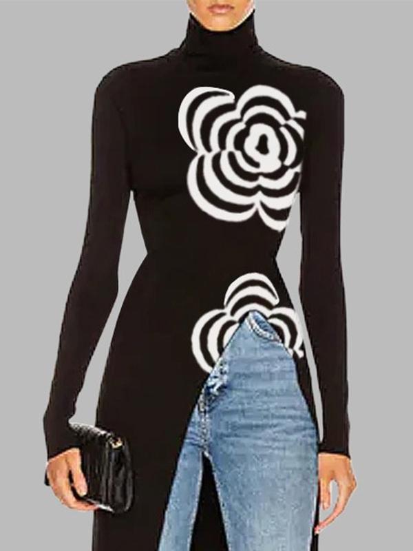 Long Sleeves Asymmetric Printed Split-Joint High Neck Pullovers Sweater Tops Product Image