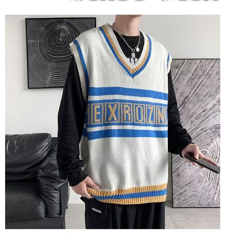 V-Neck Lettering Oversized Sweater Vest Product Image