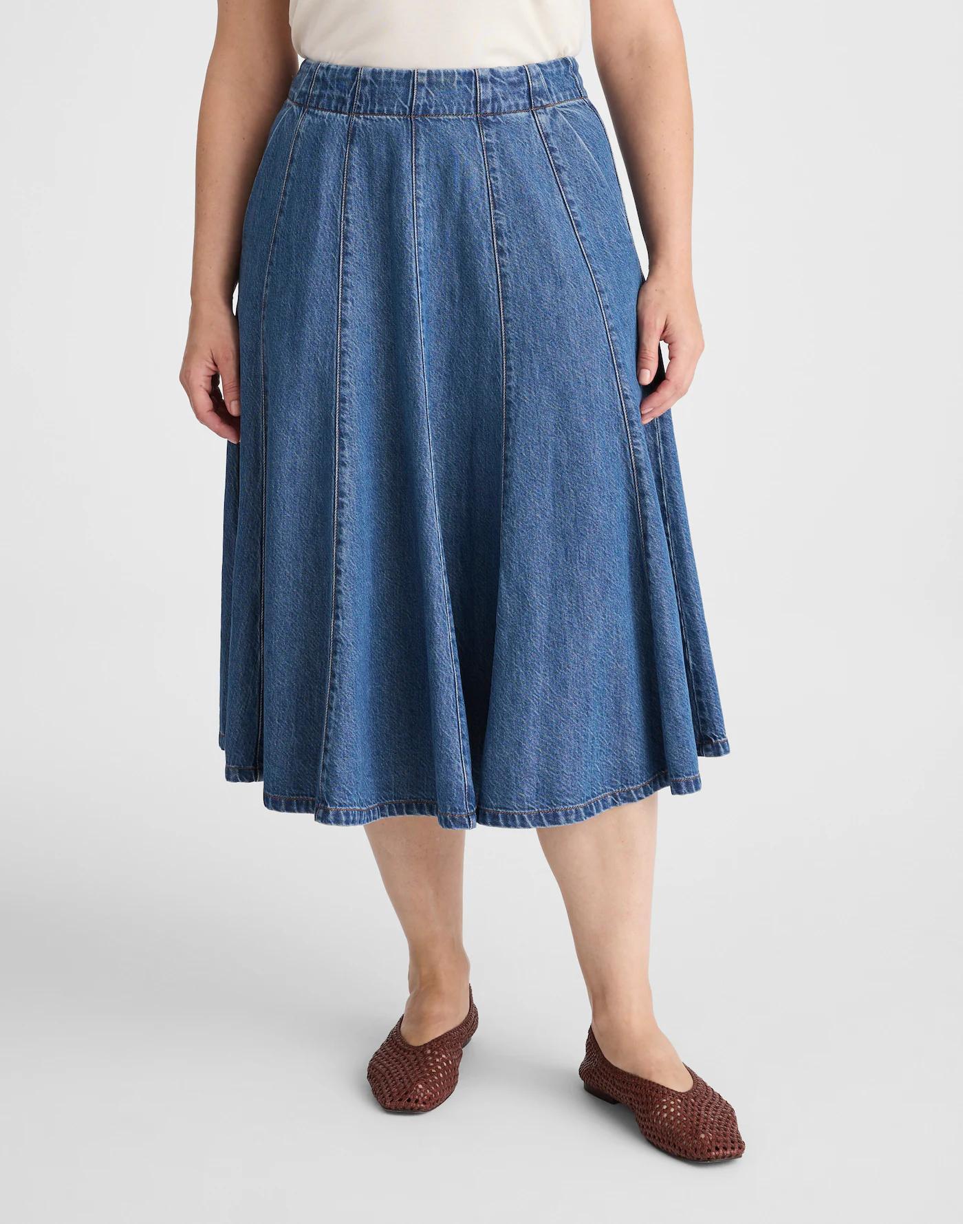Plus Flared Denim Midi Skirt: Airy Denim Edition Product Image