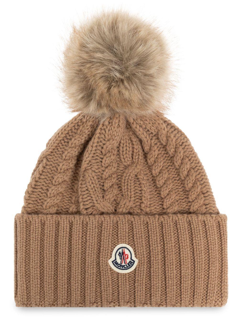 MONCLER Pom Pom Embellished Knitted Beanie In Beige Product Image