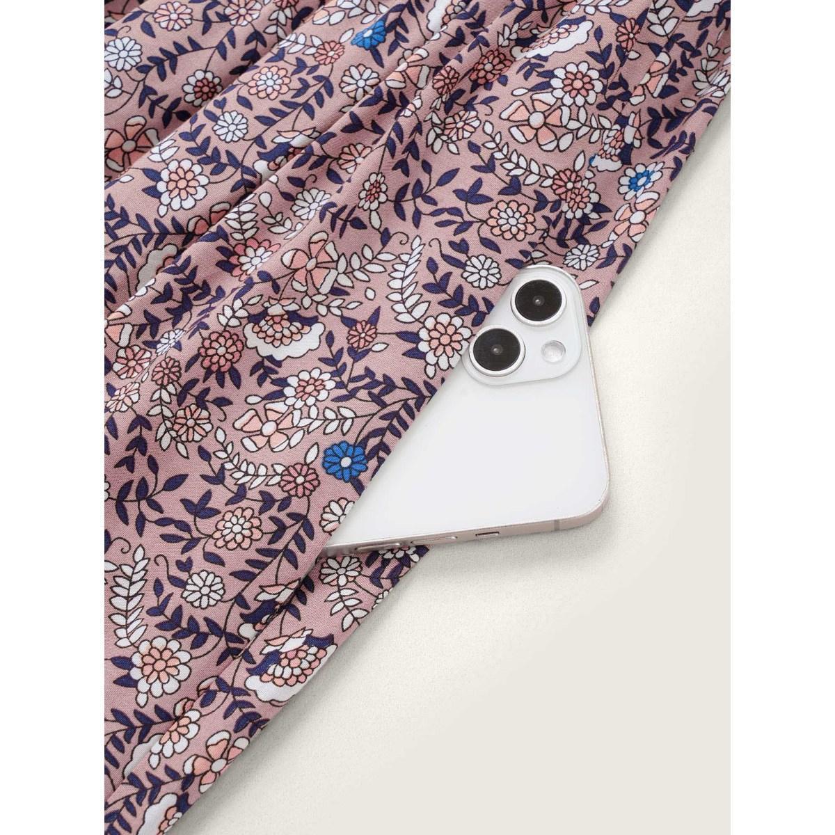 Plus Size Boho Print Notched Ties Tassel Trim Dress DustyPink Women Boho Non Flat collar with V-notch Short sleeve Curvy BloomChic 28/5X Product Image