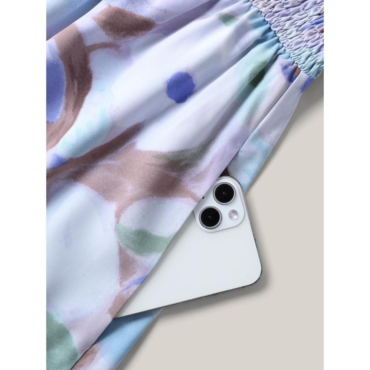 Plus Size Floral Pattern Shirred Pockets Midi Dress LightBlue Women Square Neck Short sleeve Curvy BloomChic 30/6X Product Image