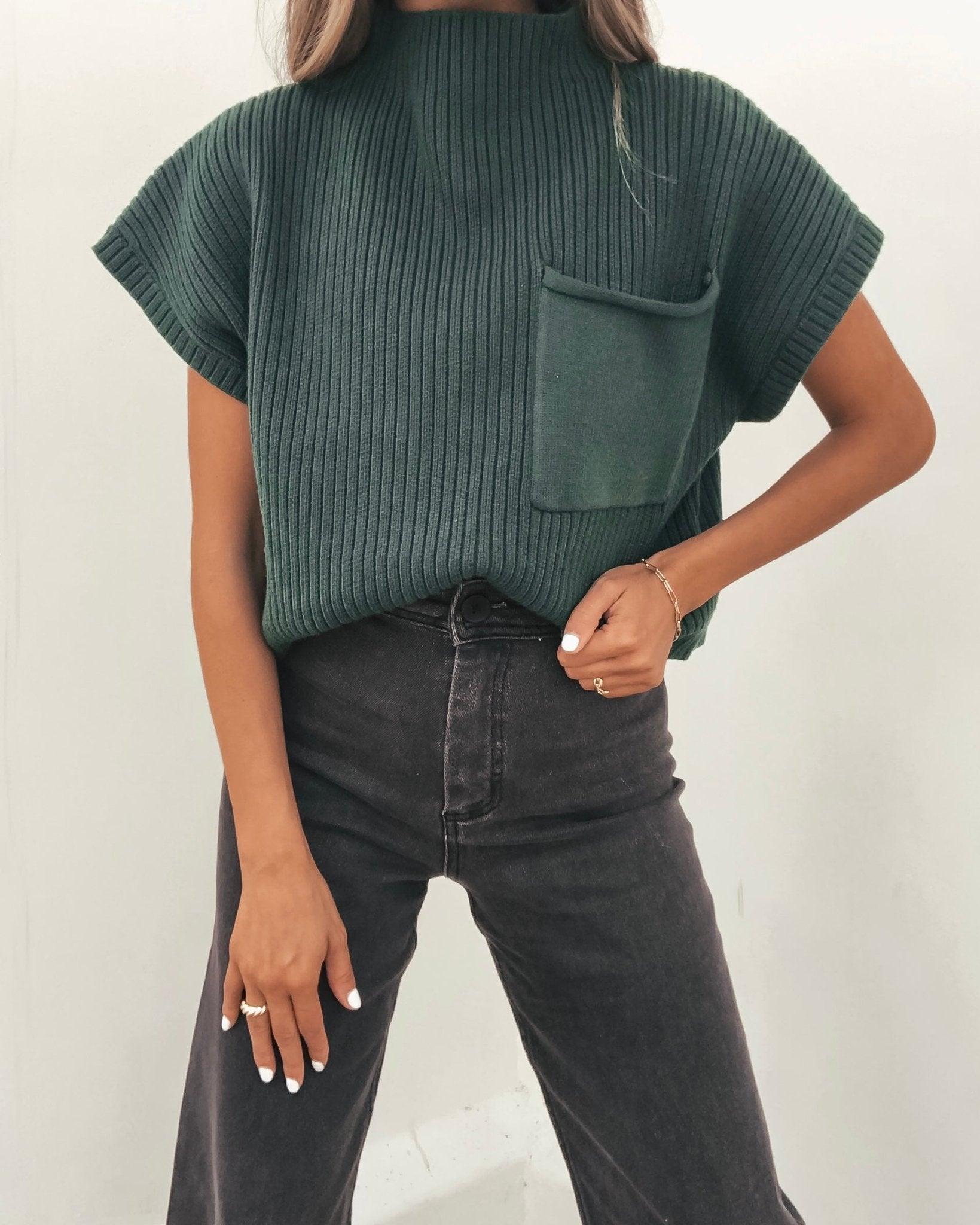 Short Sleeve Mock Neck Ribbed Sweater - Forest Green Female Product Image