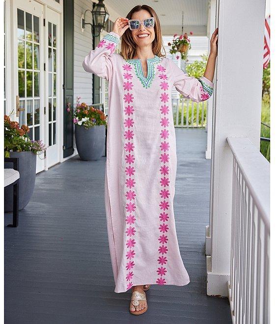 SAIL to SABLE Woven Floral Embroidered Split V-Neck Long Sleeve Caftan Dress Product Image