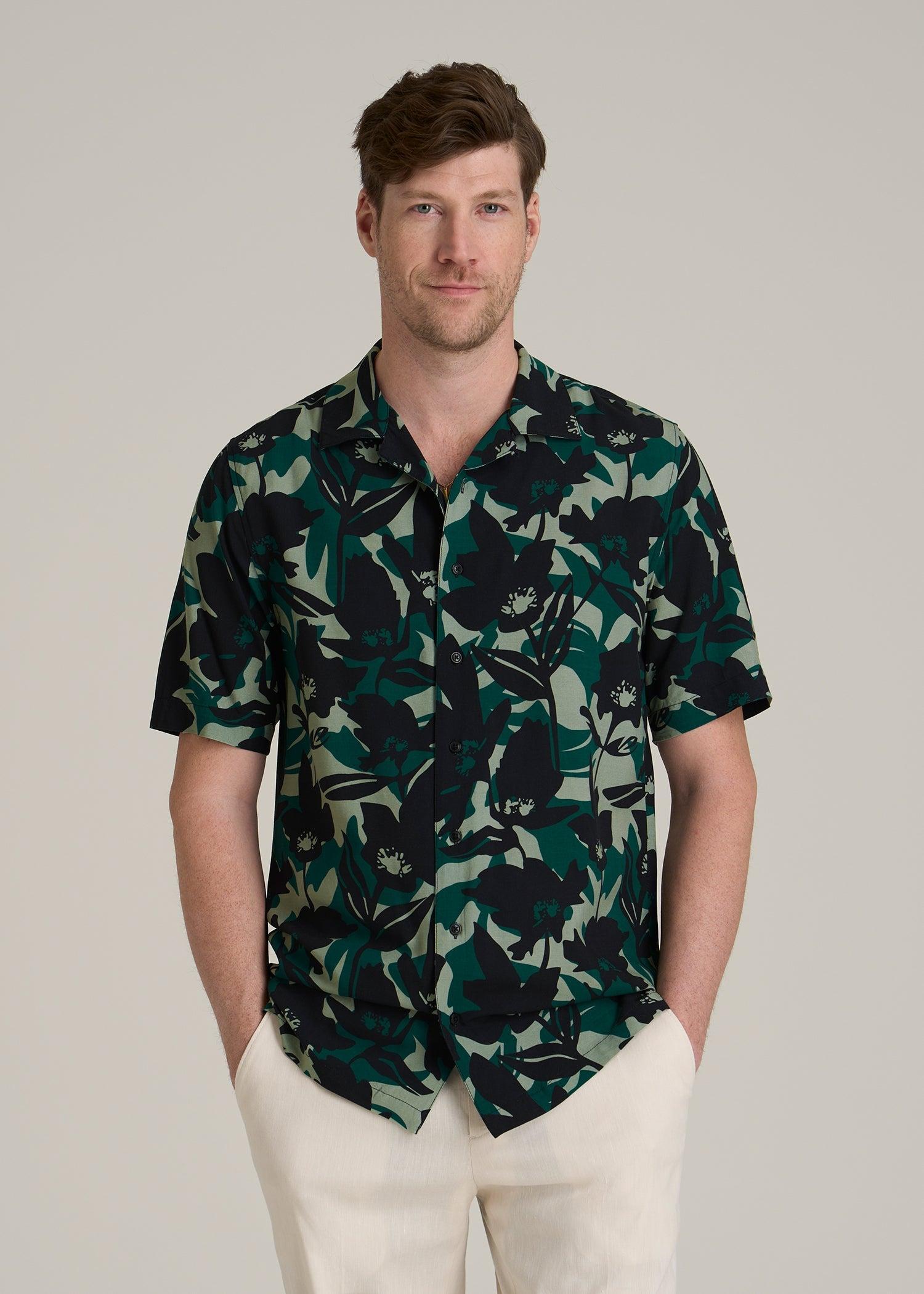 Short Sleeve Resort Shirt for Tall Men in Green and Black Floral Male Product Image
