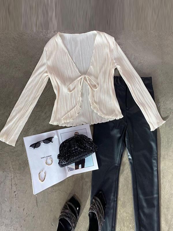 Long Sleeves Loose Lace-Up Pleated Solid Color Split-Joint Deep V-Neck Blouses&Shirts Tops Product Image