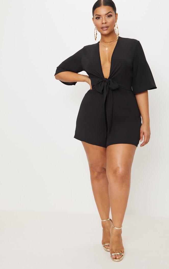 Plus Black Tie Waist Romper Product Image