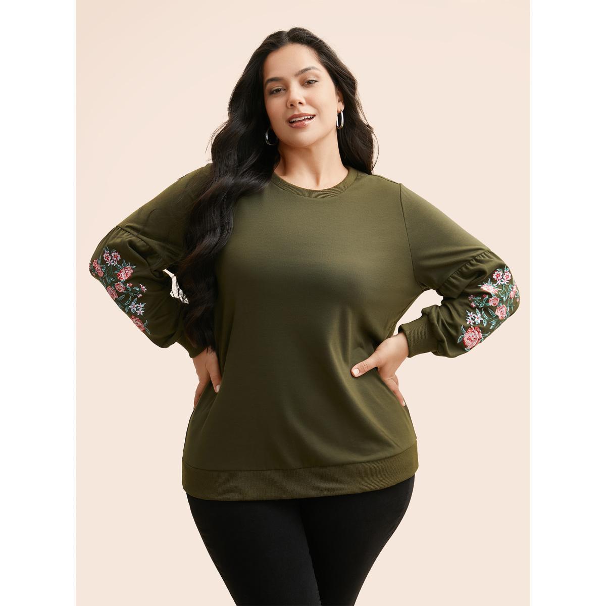Plus Size Floral Embroidered Crew Neck Gathered Sweatshirt Women ArmyGreen Casual Embroidered Round Neck Everyday Sweatshirts BloomChic 26/4X Product Image