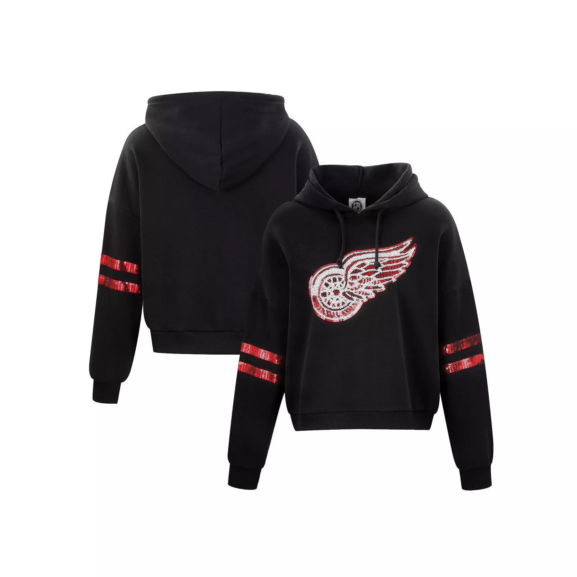 Women's Cuce Black Detroit Red Wings Sequin Cropped Pullover Hoodie, Size: 2XL Product Image