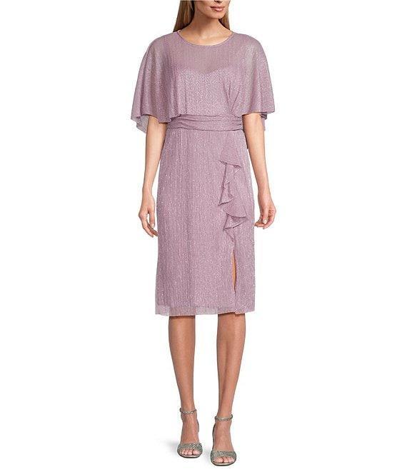 R & M Richards Crew Neck Short Sleeve Capelet Cascade Ruffle Sheath Dress Product Image