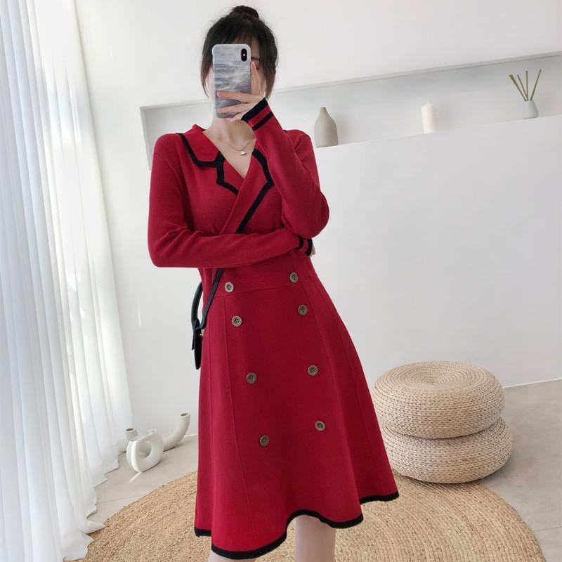 Long-Sleeve Double Breasted Knit A-Line Dress Product Image