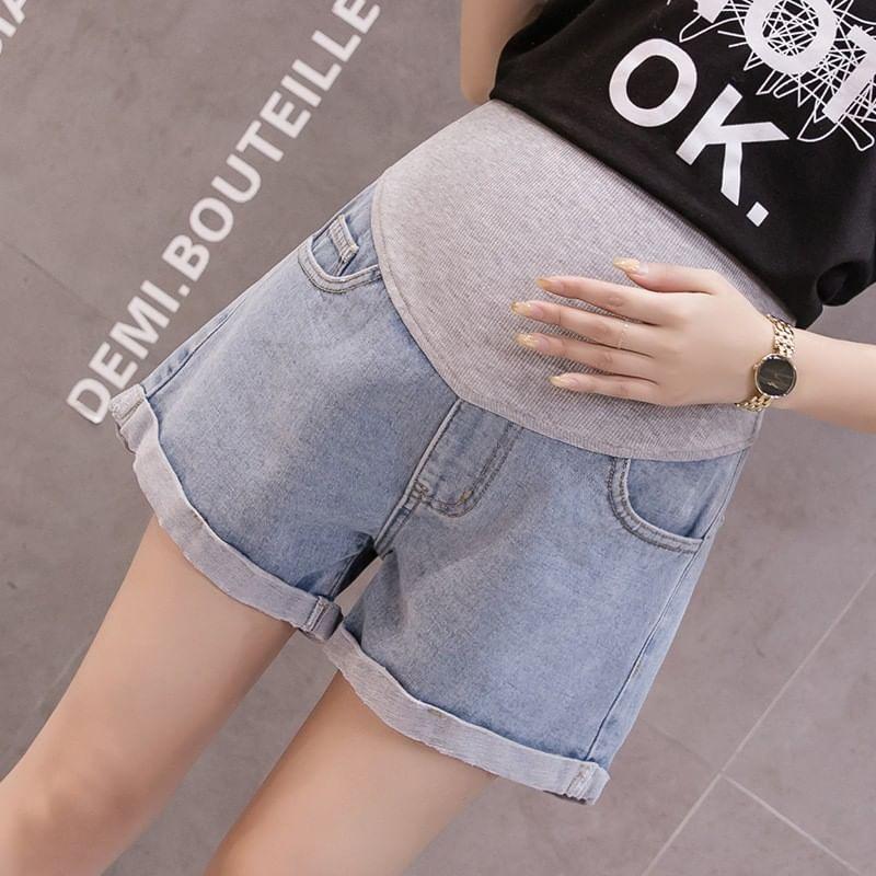 Maternity Low Rise Washed Frayed Distressed Denim Shorts Product Image