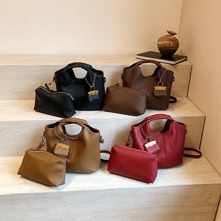 Set: Faux Leather Tote Bag + Pouch Product Image