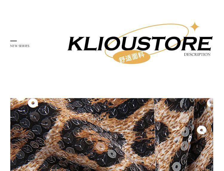 High Waist Leopard Print Sequin Wide Leg Pants Product Image