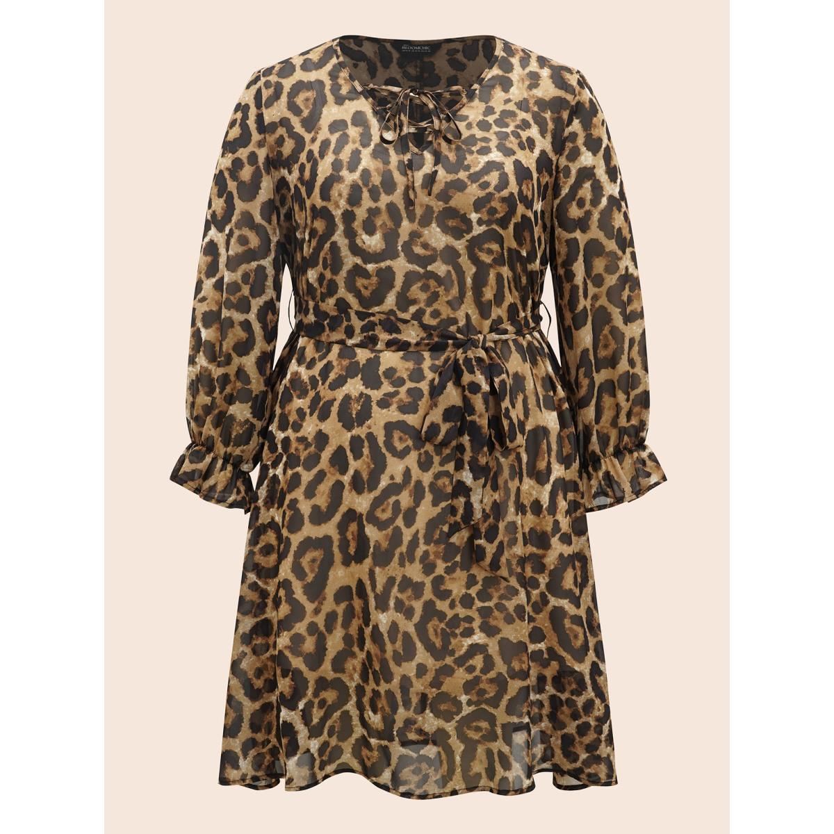 Plus Size Leopard Print Lace Up Lantern Sleeve Dress Leopard Women Romantic Wraparound straps V-neck Long Sleeve Curvy BloomChic 18-20/2X Product Image
