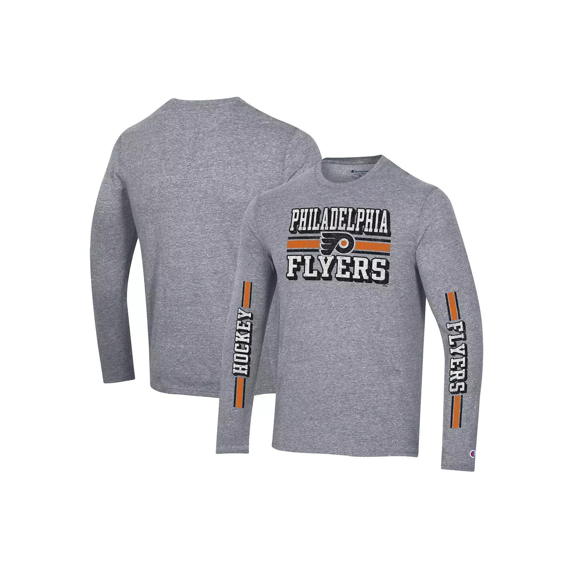 Men's Champion Heather Gray Philadelphia Flyers Tri-Blend Dual-Stripe Long Sleeve T-Shirt,  Product Image