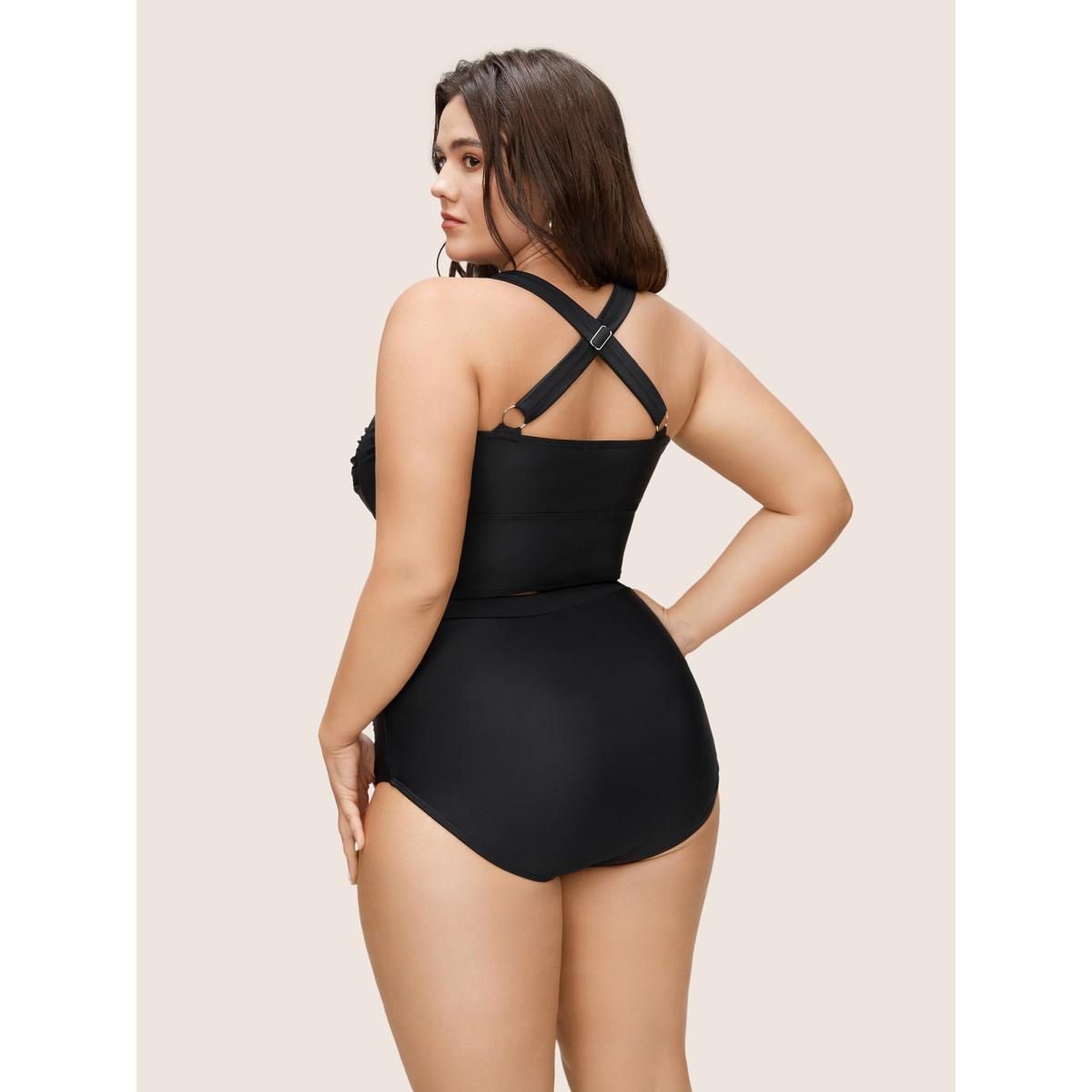 Plus Size Solid Crossover Square Neck Adjustable Straps Swim Top Women's Swimwear Black Resort Twist High stretch Skinny Square Neck Curve Swim Tops BloomChic 28/5X Product Image