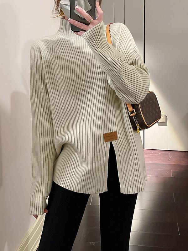 Long Sleeves Loose Split-Front Mock Neck Pullovers Sweater Tops Product Image